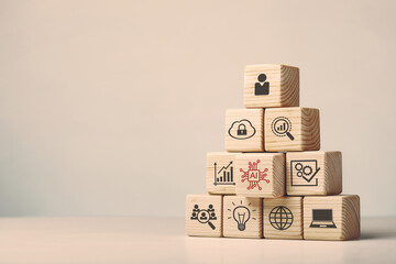 Assembled wooden cubes on the topic of the application of artificial intelligence in business