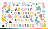 Fototapeta Pokój dzieciecy - Girly Dino collection with alphabet and numbers. Funny comic font in simple hand drawn cartoon style. A variety of childish girls dinosaurs characters. Colorful isolated doodle in pink palette