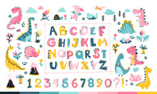 Girly Dino Collection With Alphabet And Numbers. Funny Comic Font In Simple Hand Drawn Cartoon Style. A Variety Of Childish Girls Dinosaurs Characters. Colorful Isolated Doodle In Pink Palette