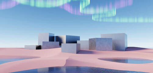 Wall Mural - 3d render, abstract surreal pastel landscape background with arches and podium for showing product, 
