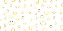 Hand Drawn Seamless Pattern With Cute Smiles. Yellow Doodle Different Smiles For Card, Fabric, Wrapping Paper, Notepad Covers, Wallpapers Isolated On White Background.