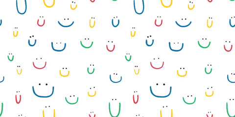 Hand drawn seamless pattern with cute smiles. Colored doodle different smiles for card, fabric, wrapping paper, notepad covers, wallpapers isolated on white background.