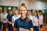 Fototapeta  - Portrait of physical education female teacher in a gym hall smiling and holding a clipboard with pupils in the background