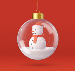 Wall Mural - 3d Transparent Christmas ball with snowman