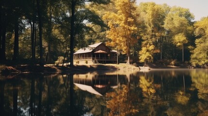 Wall Mural - A cabin sits in the middle of a lake surrounded by trees