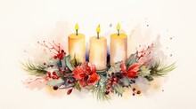  A Watercolor Painting Of Three Lit Candles Surrounded By Holly And Red Flowers With Red Berries And Greenery On The Bottom Of The Candle, On A White Background.