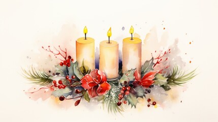  a watercolor painting of three lit candles surrounded by holly and red flowers with red berries and greenery on the bottom of the candle, on a white background.