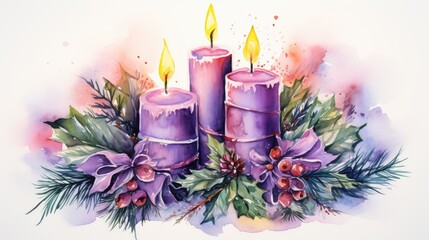 Wall Mural -  a watercolor painting of three purple candles with holly leaves and berries on a white background with a spray of watercolor paint on the top of the candle is surrounded by.