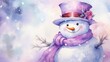 © Shanti - a watercolor painting of a snowman wearing a purple hat, scarf and a purple scarf around his neck and a pink rose in the center of his left hand.