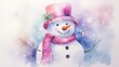  a watercolor painting of a snowman wearing a pink hat and scarf and a pink scarf around his neck, with snow flakes on the top of his head.