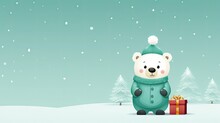  A Polar Bear Wearing A Green Coat And A Green Hat With A Gift Box In Front Of A Snowy Landscape With Trees And Snow Flecked With Falling Snow.