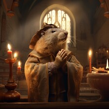 A Hamster In A Robe And Hat With Candles In Front Of A Window