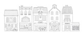 Fototapeta Pokój dzieciecy - Collection of European houses. Cute Dutch buildings with shops, bookstore, cafe, coffee shop. Contour monochrome vector illustration, coloring for children in a hand-drawn childish style.