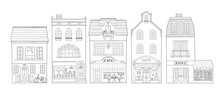 Collection Of European Houses. Cute Dutch Buildings With Shops, Bookstore, Cafe, Coffee Shop. Contour Monochrome Vector Illustration, Coloring For Children In A Hand-drawn Childish Style.
