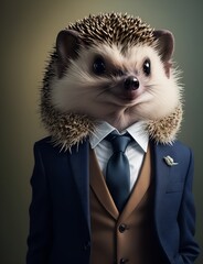 Wall Mural - Hedgehog is dressed elegantly in a suit with a lovely tie. An anthropomorphic animal poses for a fashion photograph with a charming human attitude. Funny animals with Suit jacket and tie