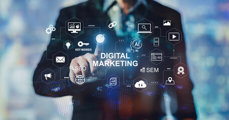 Digital marketing business technology concept. Website adertisement email social media network, SEO, SEM video and mobile application icons and ai tech for marketing strategy.