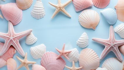 colorful shells and starfish on a blue background Generative AI