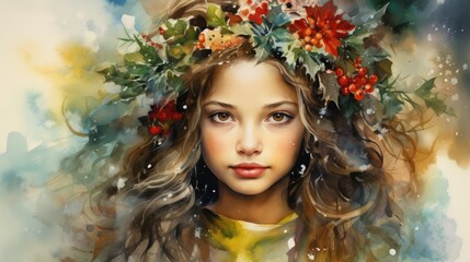 Wall Mural -  a painting of a young girl with a wreath of flowers on her head and her hair blowing in the wind, with snow falling on her face and behind her head.