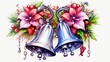  a drawing of two bells with flowers and bells hanging from it's sides, with holly and poinsettis in the middle of the bells, on a white background.
