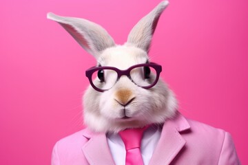 Poster - A picture of a rabbit dressed in a pink suit and wearing glasses. This image can be used to depict a cute and stylish animal or as a representation of intelligence and sophistication.