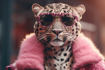 Poster - A leopard is captured wearing sunglasses and a pink coat. This image can be used to add a touch of style and humor to various projects
