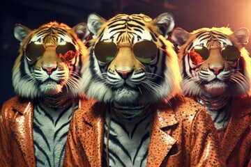 Sticker - A group of three tigers wearing sunglasses. Perfect for adding a touch of fun and playfulness to any project.