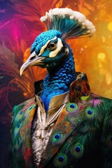 Poster - A picture of a peacock with a vibrant jacket and beautiful feathers. This image can be used to add a pop of color and elegance to various design projects