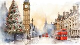 Fototapeta  -  a painting of a red double decker bus on a city street with a christmas tree in the foreground and a red double decker bus on a city street with a red double decker bus.