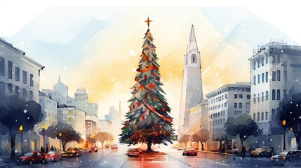 Wall Mural -  a watercolor painting of a christmas tree in the middle of a street with a church steeple in the background and cars driving on the road in the foreground.