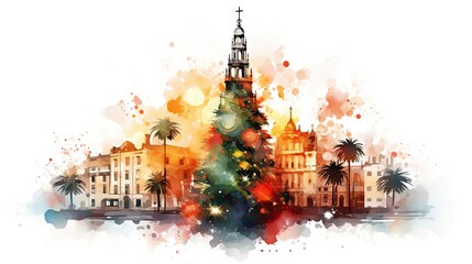 Wall Mural -  a watercolor painting of a christmas tree in front of a large building with a steeple on the top and a clock tower on the side of the building.