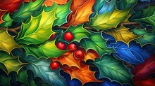  A Close Up Of A Painting Of Leaves And Berries On A Red, Yellow, Green, Blue, And Orange Background With Leaves And Berries On The Bottom Right Side Of The Image.