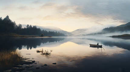 Wall Mural - a small boat floating on top of a lake next to a lush green forest under a cloudy sky with a person 