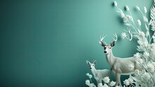  Two White Deer Standing Next To Each Other In Front Of A Green Wall With White Flowers On It And A Clock On The Side Of The Wall Above The Deer's Head.