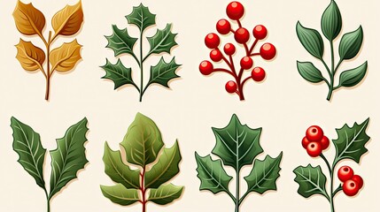   a bunch of different types of leaves and berries on a white background with a red berry on the top of the leaves and a green leaf on the bottom of the leaf.