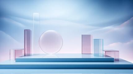 Wall Mural - Creative abstract podium, empty stage from transparent volumetric figures, blue background with clouds