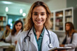 © Alina - A smiling female doctor or nurse in a hospital setting, radiating warmth and friendliness