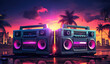 Illustrated two boomboxes with neon lights and Palm Trees on the background