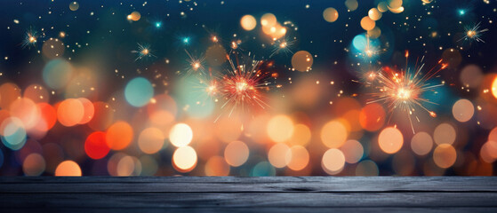 Colorful fireworks and bokeh background for New Year's Eve.