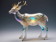 Extremely Delicate Iridescent Deer Made Of Glass, Translucent, Tiny Golden Accents, Beautifully And Intricately Detailed, Glass Art, Magical Holographic Glow. Ai Generative