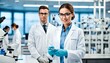 © yisby - Beautiful brunette woman scientist wearing white coat and glasses in modern Medical Science Laboratory with blurred Team of Specialists on background.