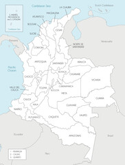  Vector map of Colombia with departments, capital region and administrative divisions, and neighbouring countries. Editable and clearly labeled layers.