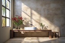 minimalistic bathroom with a light concrete back wall
