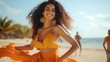 Beautiful Dominican Woman happy dancing at the beach, generative ai