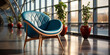 Leder Stuhl blau im modernen Retro Stil in ausgefallener schicker designer Form Querformat für Banner, ai generativ