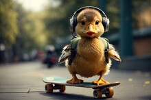Cute Duckling Baby With Headphones Riding Skateboard On Beautiful City Landscape. AI Generated