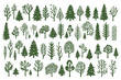 Christmas tree set hand drawn illustration. chritmas tree silhouettes. Christmas pine trees silhouette icon vector illustration