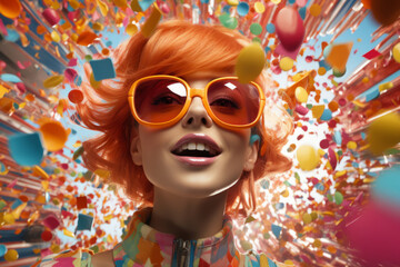 Wall Mural - Charming red-haired girl in orange glasses, colored balls fly around, holiday confetti, explosion of emotions, futurism