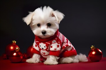 Sticker - cute maltese silky dog in knitted christmas sweater  (1)