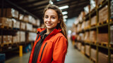 Fototapeta  - Portrait of happy young female warehouse worker looking at camera.

