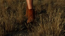 Close-up Legs Of A Female Model Brown Shoes Walking Through Thick Dry Yellow Grass In A Field Or Meadow